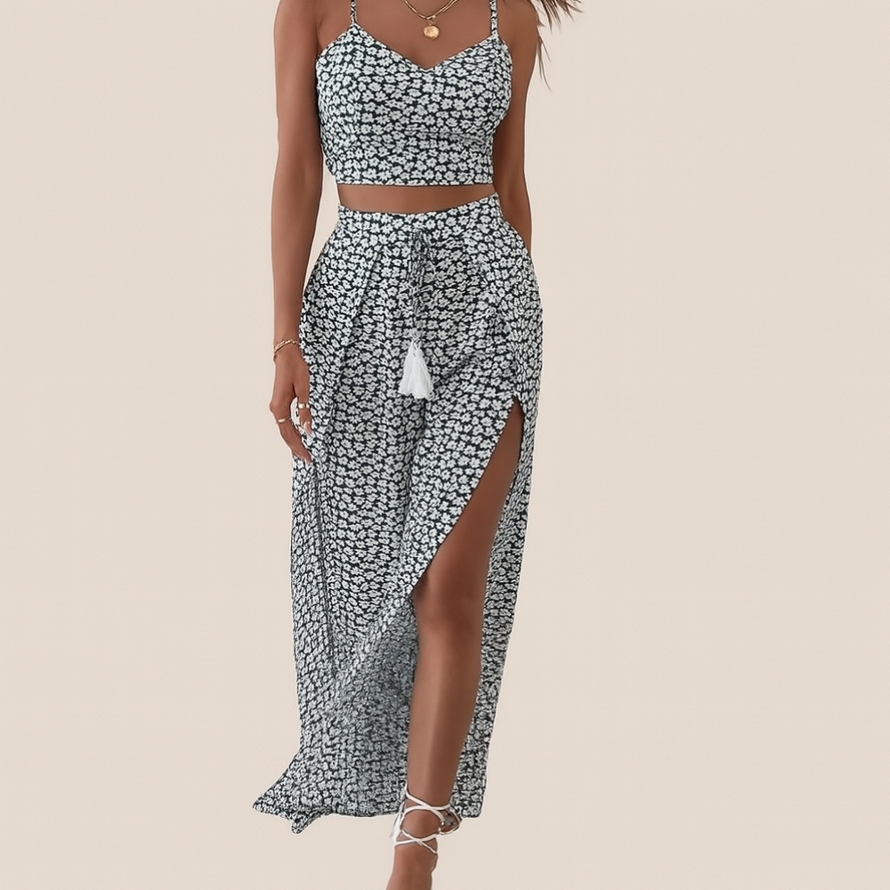 NWOT 2 Piece Split Front Wide Leg Pant And Cami Dark Green & White Size M - Picture 3 of 8